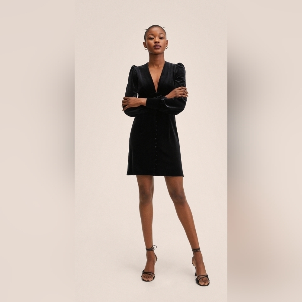 Mango Black Velvet Long Sleeve Mini Dress